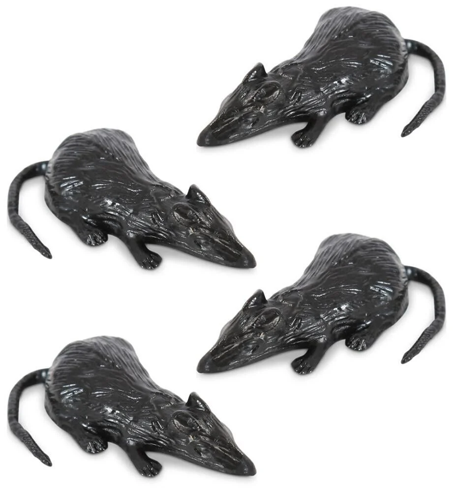 Grusel-Deko Mäuse • 4er-Set • Schwarze Kunststoff-Mäuse für Halloween & Party